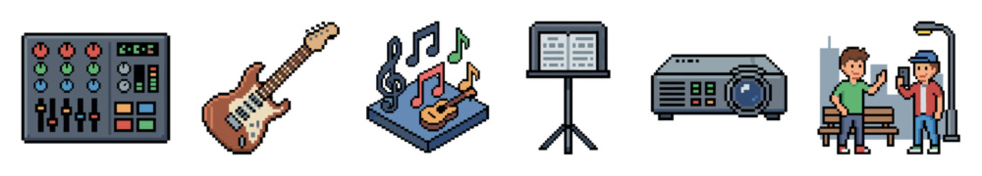 Pixel art collection of various objects including a sound mixer, electric guitar, musical notes with ukulele, music stand, projector, and two men with smartphones