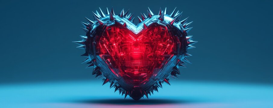 Radiant red core within a chrome spiked heart, centered on a cool blue backdrop. A powerful symbol of shielded love and technological vulnerability. ,Cyberpunk, Emotion