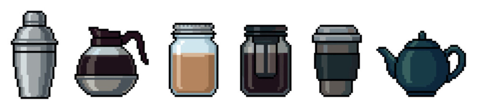 Various pixel art beverage containers including a shaker, coffee pot, jars, and teapot