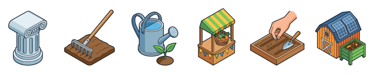 Fototapeta premium Isometric set of gardening and farming icons including column, rake, watering can, market stall, planting seeds, and barn with solar panels