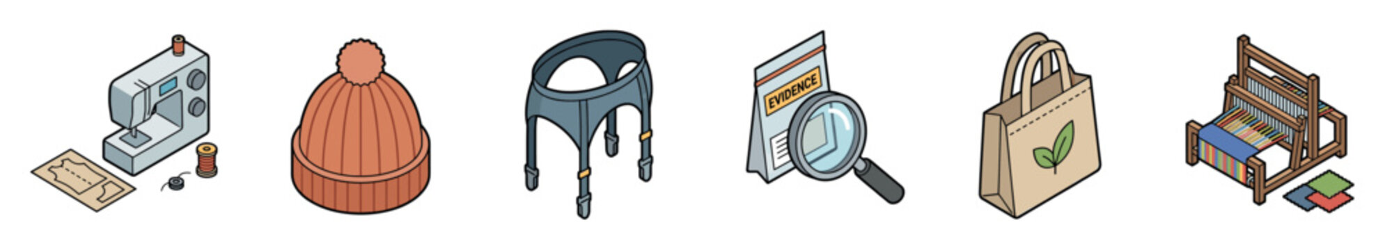 Sewing machine, knitted hat, garter belt, evidence bag, tote bag, and weaving loom set of isometric icons