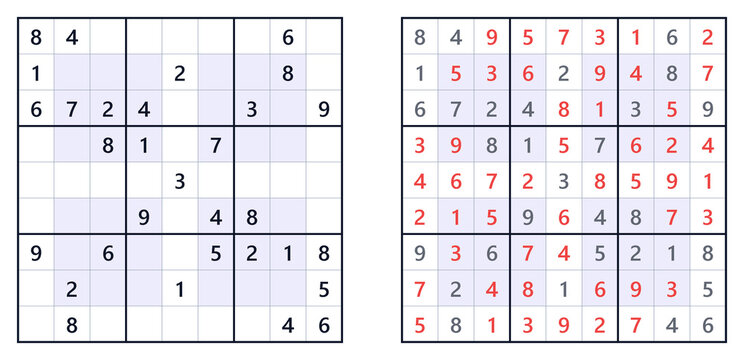 Sudoku puzzle grids with incomplete and completed solutions  