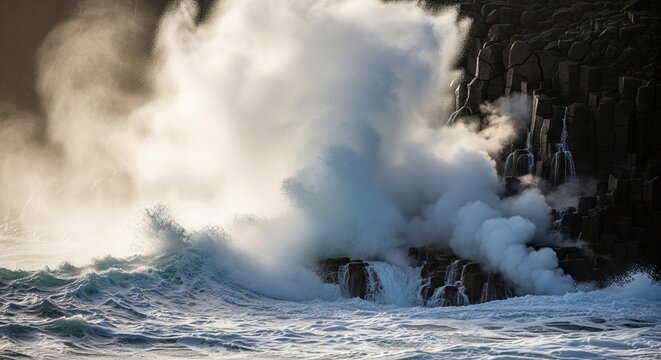 Massive sea wave exploding into white foam and high spray as it hits dark coastal rocks during a windy day
