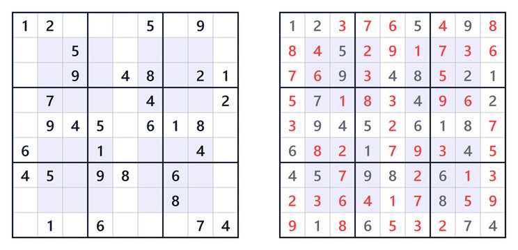 Sudoku puzzle grids with incomplete and completed solutions  