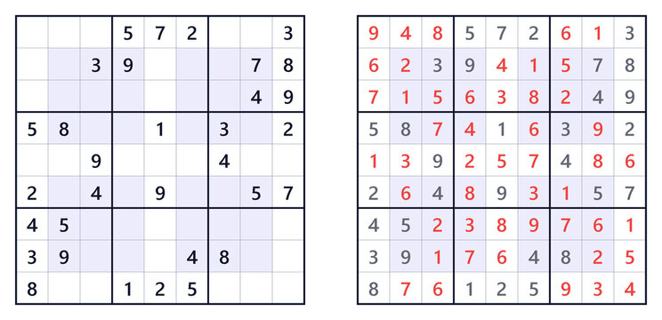 Sudoku puzzle grids with incomplete and completed solutions  
