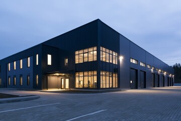 Obraz premium Modern industrial building with large windows at dusk in an urban area showcasing a structured design and outdoor spaces