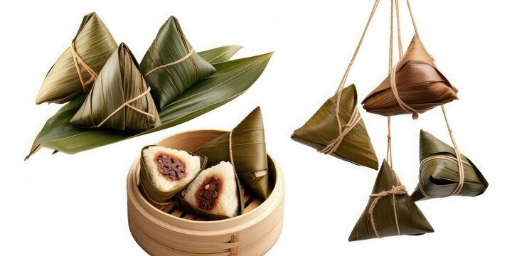 Traditional chinese zongzi sticky rice dumplings in bamboo leaves and steamer