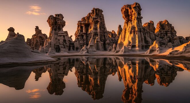 Strange Desert Rock Formations Reflected in Water at Sunset