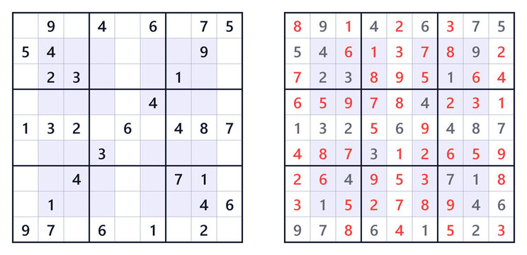 Sudoku puzzle grids with incomplete and completed solutions  