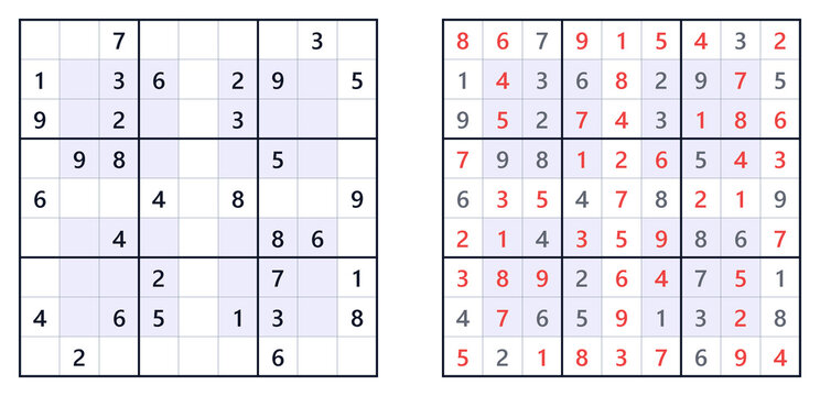 Sudoku puzzle grids with incomplete and completed solutions  
