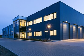 Naklejka premium Building design shows modern architecture in an industrial area at dusk with lights glowing in windows and around entrance