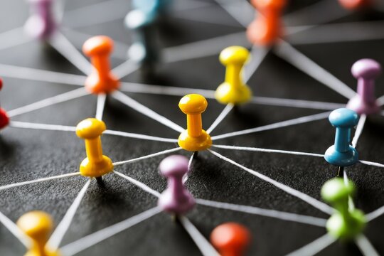 Colorful pushpins connected by string form a web design on a dark surface at a workspace