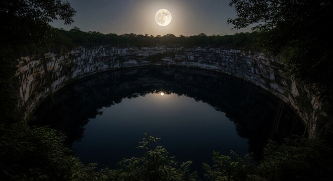 Bright Full Moon Over a Circular Cenote Night Scene