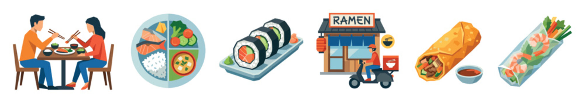 People eating Asian food, sushi, ramen delivery, spring roll, fresh roll vector illustration set