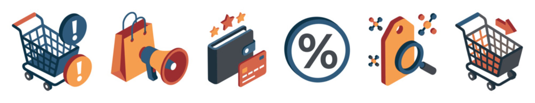 Isometric set of shopping cart, bag, megaphone, wallet, credit card, percentage, price tag, magnifying glass, and arrow icons for online retail and e-commerce
