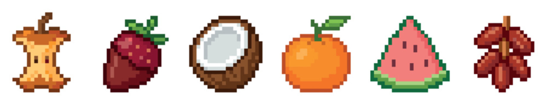 Pixel art fruits including an apple core, strawberry, coconut, orange, watermelon slice, and dates