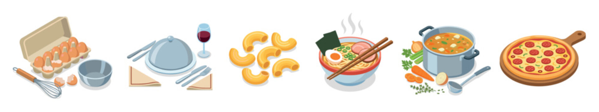 Various food items including eggs, ramen, soup, pizza, and pasta are arranged in a row