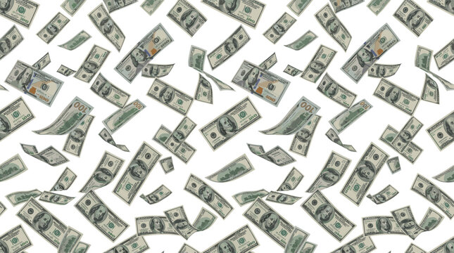 Flying US Dollar Banknotes Seamless Background Vector with Floating One Hundred Bill Cash Rain for Finance, Wealth, and Business Concepts