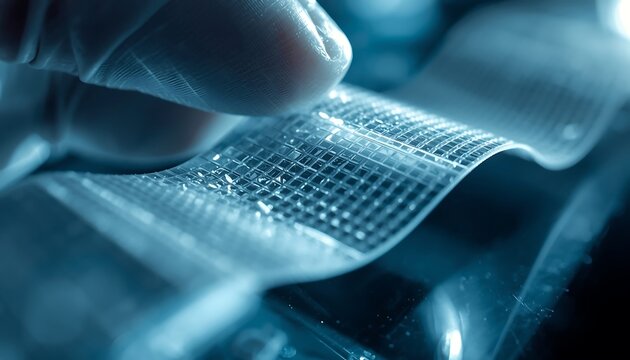 A gloved hand gently touching a flexible, transparent material with a grid-like pattern, indicating advanced technology or a scientific development.