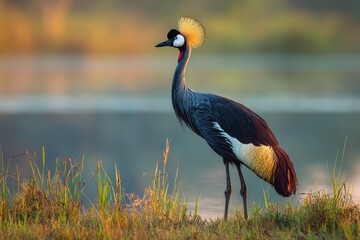 Obraz premium Solitary Black Crowned Crane in a tranquil wetland at golden hour