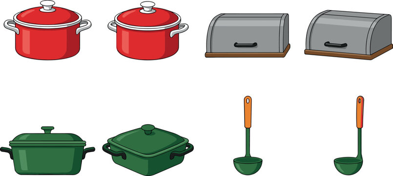 Kitchen Cookware Vector Set with Red Cooking Pots Green Casserole Dishes Metal Bread Boxes and Soup Ladles for Culinary and Restaurant Equipment Graphics