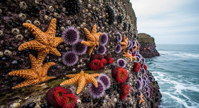 A vibrant view of a coastal rock formation covered in orange starfish, purple sea urchins, and bright red sea anemones, with the blue ocean waves crashing in the background