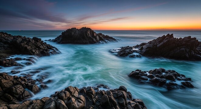 A long-exposure landscape photo of a rocky coastline during sunset. The ocean water appears smooth and blurry as it flows around dark, jagged rocks