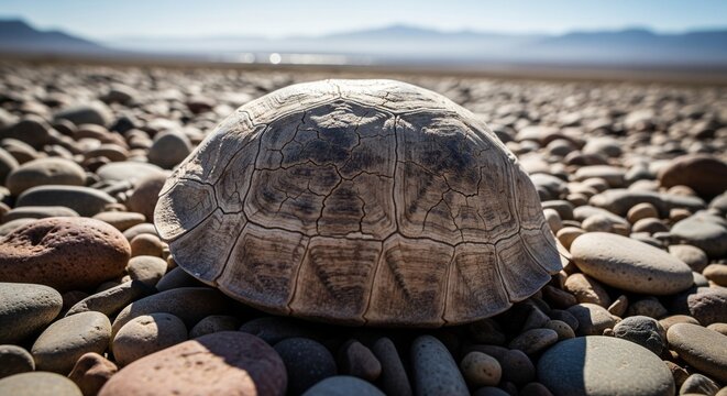 Empty turtle shell lying on a pebble beach with desert plains and distant mountains