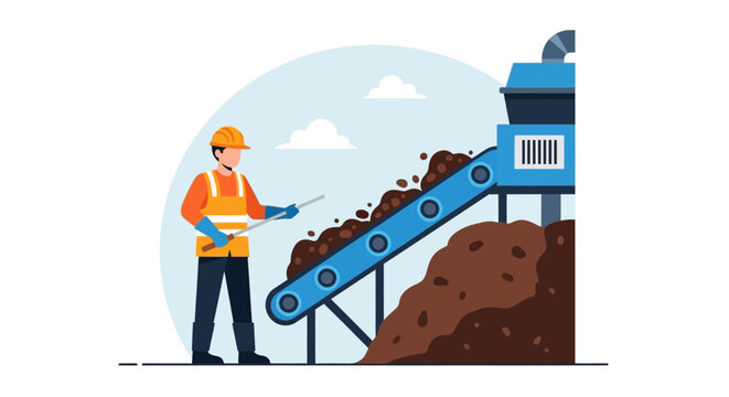Worker operating industrial conveyor belt for soil and material processing illustration
