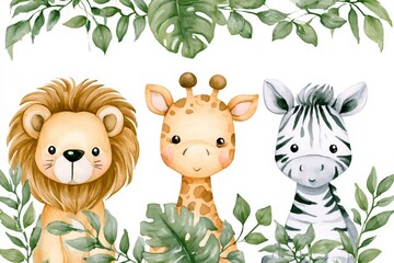 Obraz premium Cute animal trio in a leafy jungle setting with a lion, giraffe, and zebra together