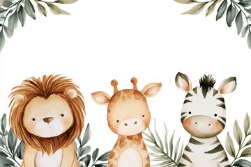 Fototapeta premium Cute animal characters gather together in a playful scene with leaves in a simple setting