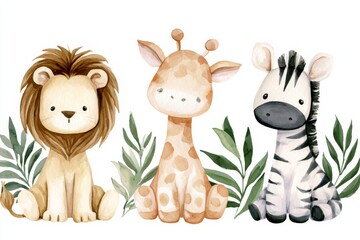 Naklejka premium Cute animals sitting together in a fun setting with greenery and soft colors