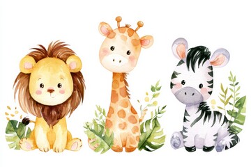 Obraz premium Three cute animals sitting together in a garden with green plants