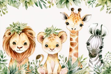 Naklejka premium Cute animals in a jungle setting with plants and leaves in the background showing a lion, lion cub, giraffe, and zebra
