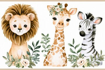 Fototapeta premium Cute lion, giraffe, and zebra together with plants in a bright setting showing animal friends