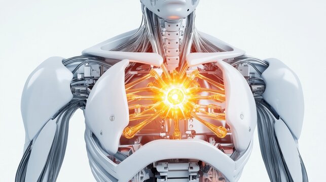 White robot torso, chest open to reveal a brilliant orange energy core, representing AI's vital power and the future of mechanical life. ,Android,Technology