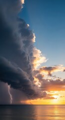 Fototapeta premium A wide, sweeping view of atmospheric pressure changes as dense gray clouds meet the sunlit horizon during a changing weather event, peaceful, blue, front