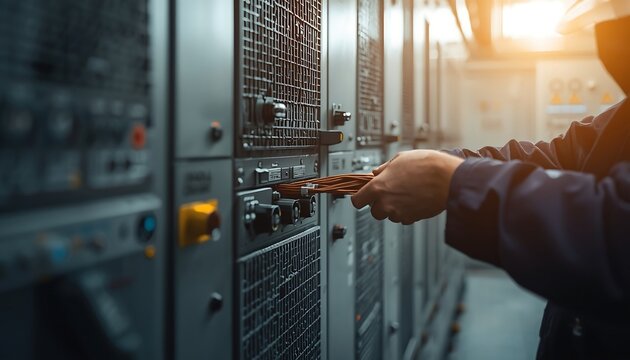 A person in work clothes inserts a bundle of thick copper cables into an electrical server rack.