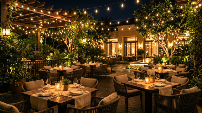 Elegant, up-scale, inviting outdoor dining area of a contemporary restaurant or cafe at night, featuring warm gold string lights and cozy environment