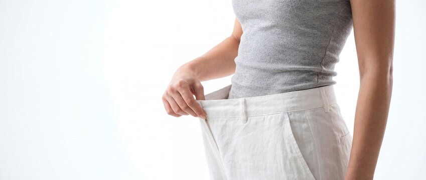 Woman pulling a wide gap at the waist of oversized white linen pants showing healthy weight loss