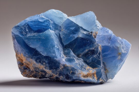 Single rough blue chalcedony rock on a neutral background
