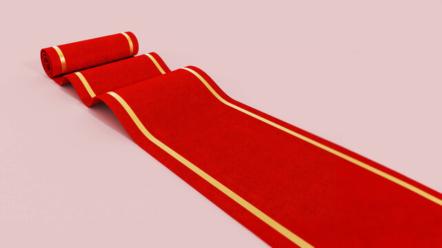 Rolled up red carpet isolated on pink background. 3D illustration