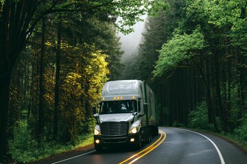 Obraz premium Truck travels on winding road through trees in a forest during day
