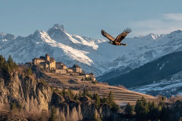 Fototapeta premium Majestic eagle in flight above a sunlit alpine hilltop castle and terraced vineyards