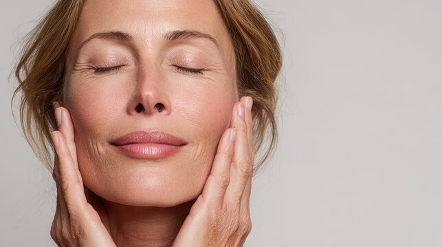 Minimalist beauty portrait of a mature woman with soft light and white background emphasizing skin firmness