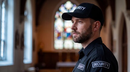 Obraz premium Professional male event security guard in black uniform observing a crowd inside a majestic church.