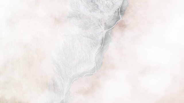 Flying over desert river dividing arid landscapes and geological formations satellite view from space