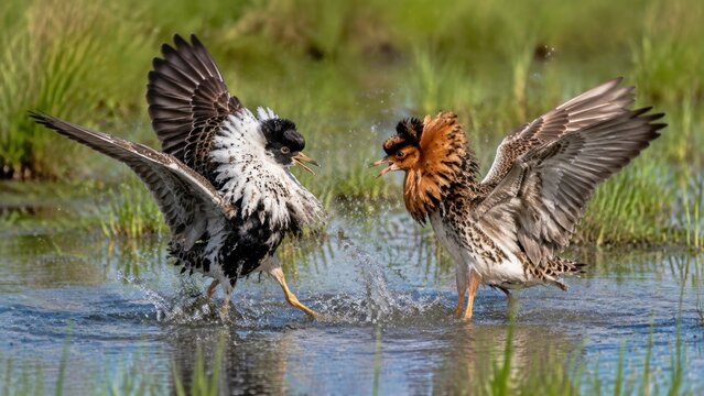 Two birds fighting in shallow water marsh habitat during daylight