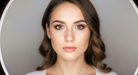 Fototapeta premium Beautiful young woman's close-up portrait with natural makeup, healthy skin, and wavy brown hair, looking confidently at camera.