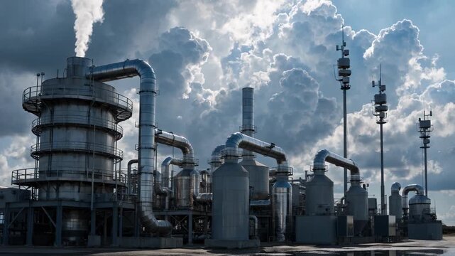 Medium shot of a carbonneutral alumina calcination pilot unit showcasing advanced lowcarbon fuel technology under a dynamic cloudy sky. Medium shot focusing on an electric calciner